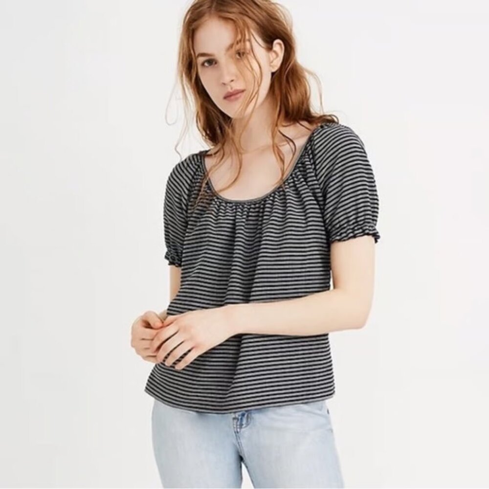 Madewell Texture & Thread Blue Striped Peasant Top S